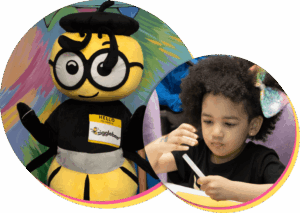Zigglebee mascot and young girl making a craft