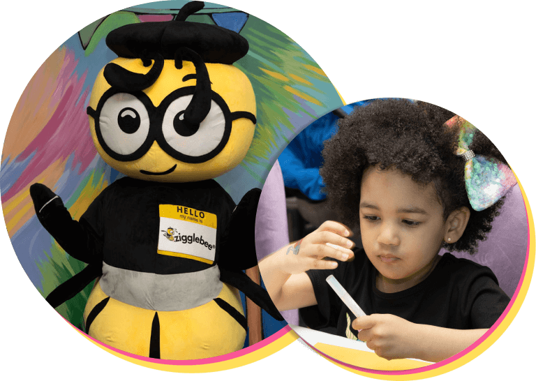 HoneycombContent Zigglebee mascot and young girl making a craft